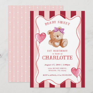 Girl Cute Pink Watercolor Bear Baby 1st Birthday Invitation
