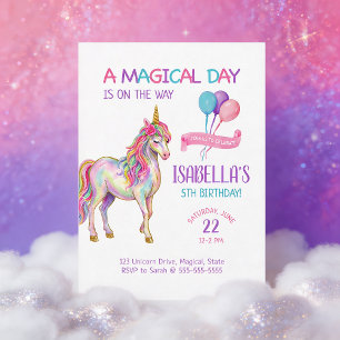 Girl Cute Unicorn 5th Birthday Party Invitation