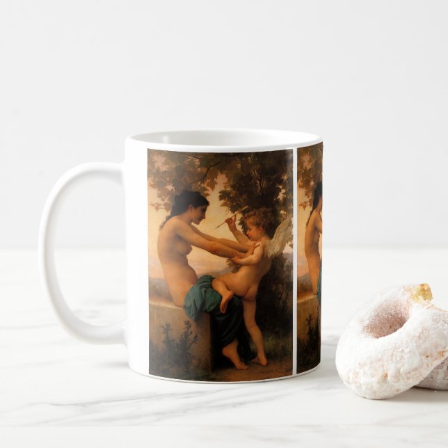 Girl Defending Herself Against Cupid by Bouguereau Coffee Mug (With Donut)
