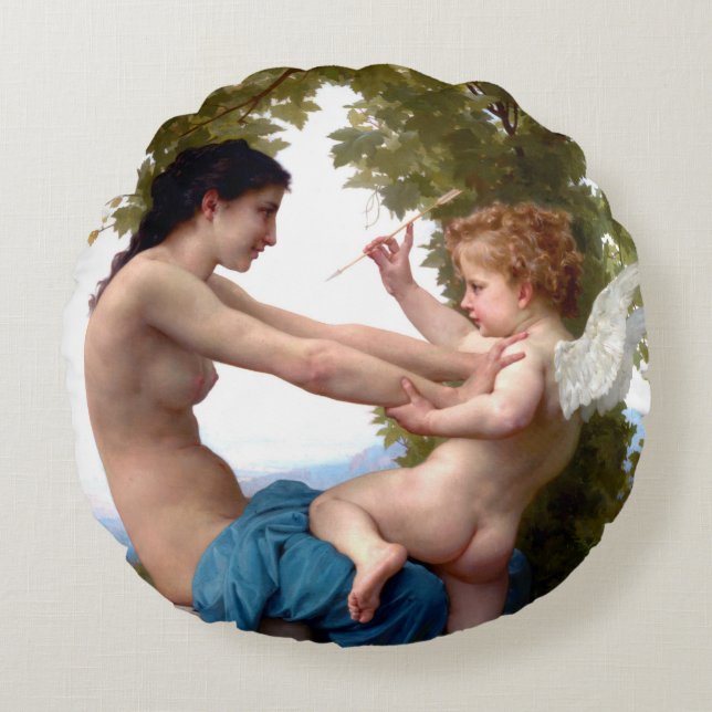 Girl Defending Herself Against Eros Cupid Painting Round Pillow (Front)