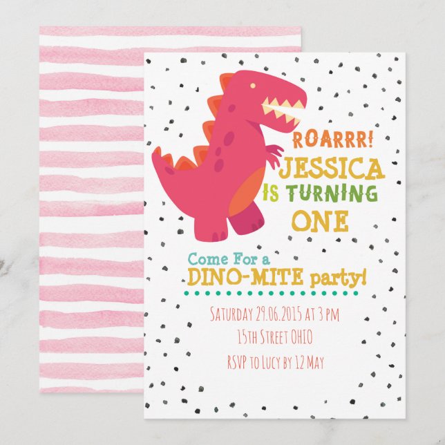 Girl Dino Birthday Party Invite (Front/Back)