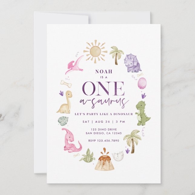 Girl Dino One-a-saurus 1er anniversaire Invitation (Devant)