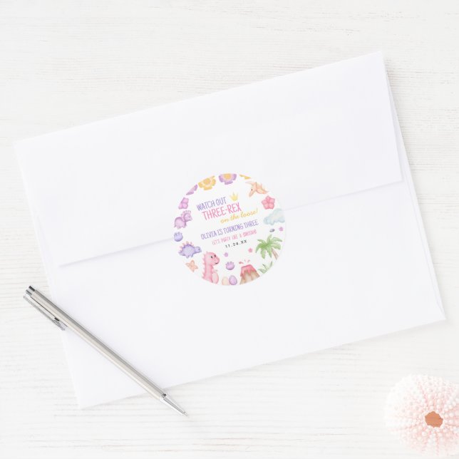 Girl Dinosaur Birthday Classic Round Sticker (Envelope)