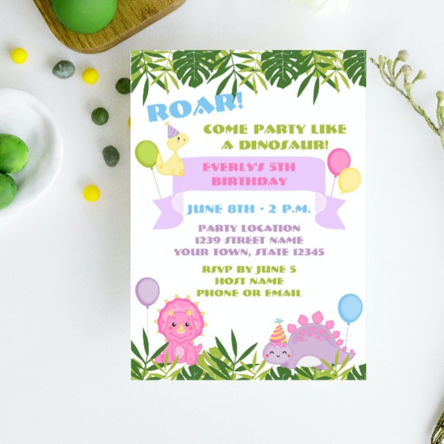 Girl Dinosaur Birthday Invitation (Creator Uploaded)