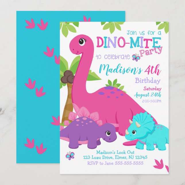 Girl Dinosaur Birthday Invitation / Dino Party (Front/Back)