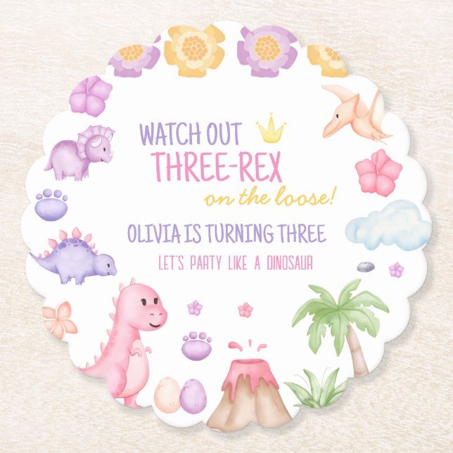 Girl Dinosaur Birthday Paper Coaster (Front)