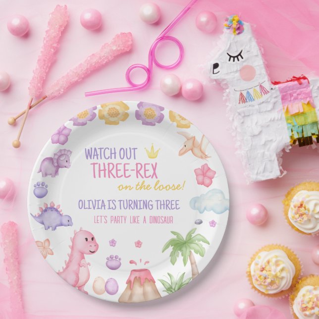 Girl Dinosaur Birthday Paper Plate (Party)