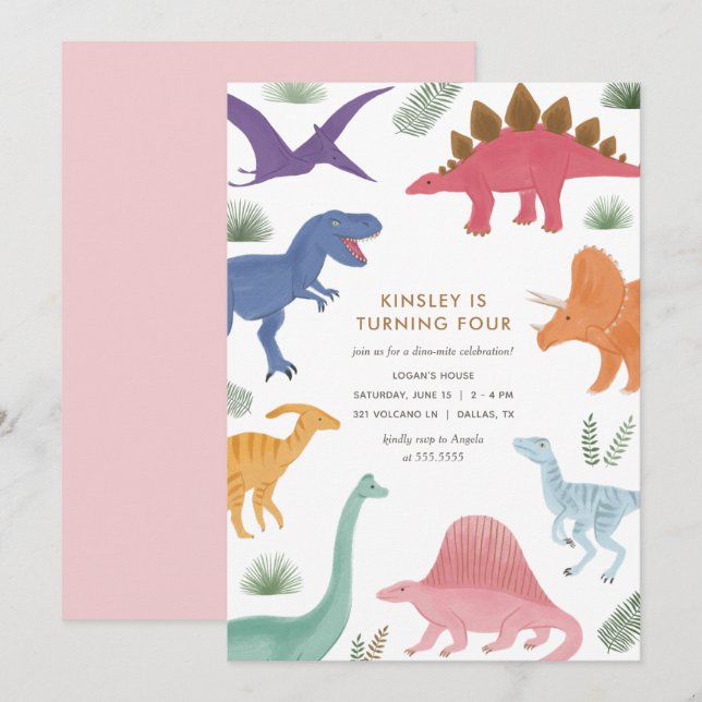 Girl Dinosaur Birthday Party Invitation (Front/Back)