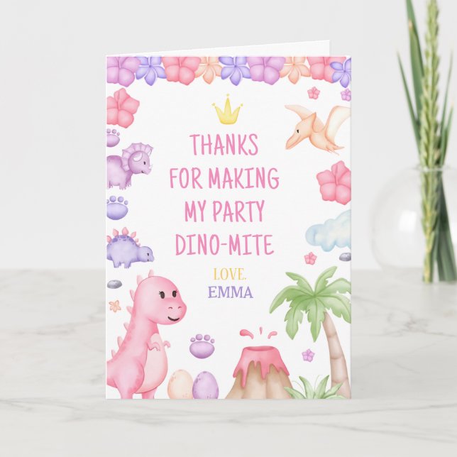 Girl Dinosaur Birthday Party Thank You Card (Front)