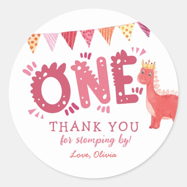 Girl Dinosaur Birthday Thank You   Classic Round Sticker (Front)