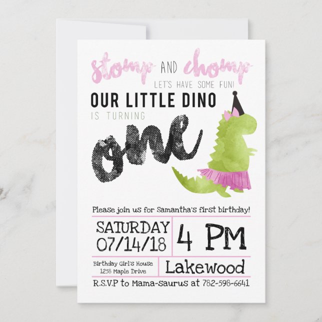 Girl Dinosaur Invitation Tutu First Birthday (Front)