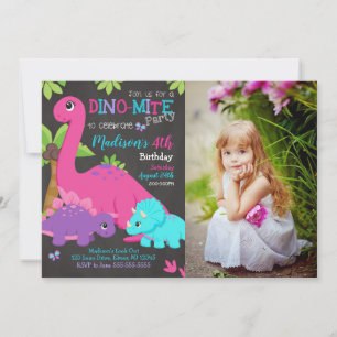 Girl Dinosaur Photo Birthday Invitation Dino Party