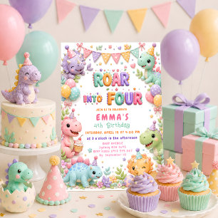 Girl Dinosaur Roar Into Four 4th Birthday Party Invitation