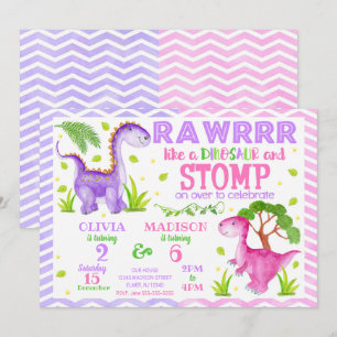 Girl Dinosaur Siblings Joint Birthday Invitation