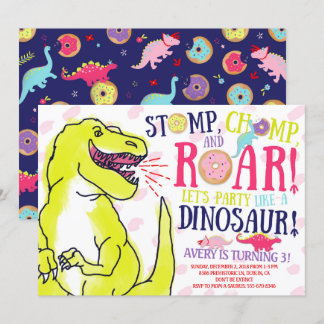 Girl Dinosaurs and Doughnuts Birthday Invitation