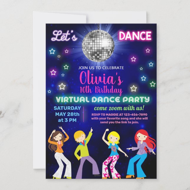 Girl disco dance party, virtual dance party. invitation (Front)