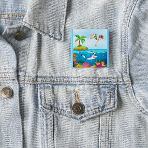 Girl Diving Into Ocean Friendly Shark Coral Reef 2 Inch Square Button