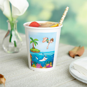 Girl Diving Into Ocean Friendly Shark Coral Reef Paper Cups