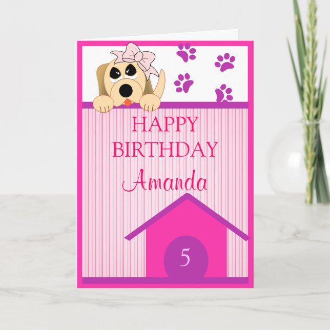 Girl Dog with Bow & Dog House Birthday Card (Front)