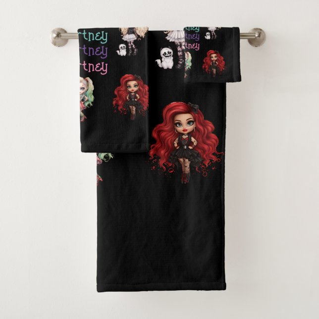 Girl Doll Spooky Halloween Theme with Name Bath Towel Set (Insitu)
