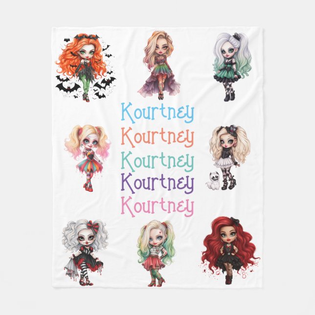 Girl Doll Spooky Halloween Theme with Name Fleece Blanket (Front)