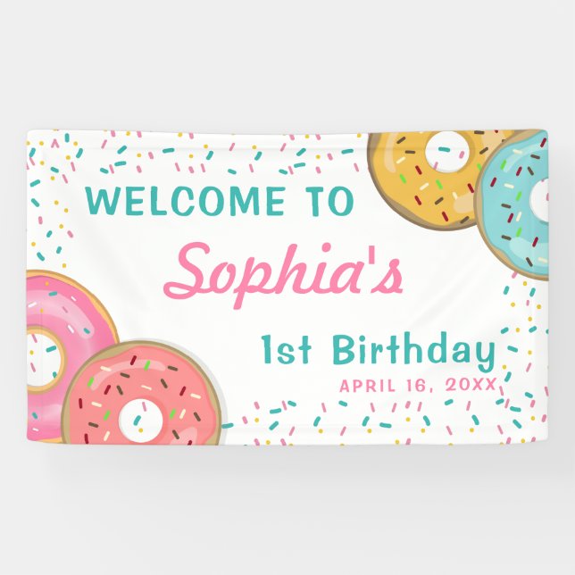 Girl Doughnut 1st Birthday Party confetti Banner (Horizontal)