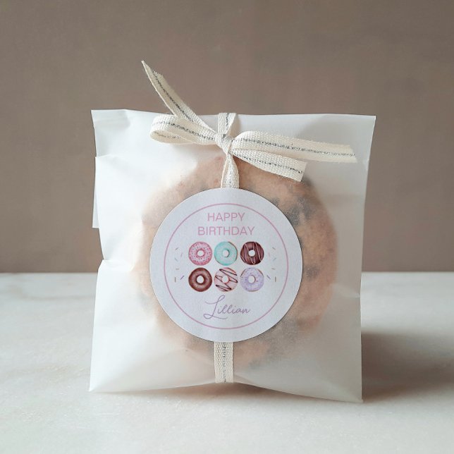 Girl Doughnut and Bow Birthday Party Classic Round Sticker (Creator Uploaded)