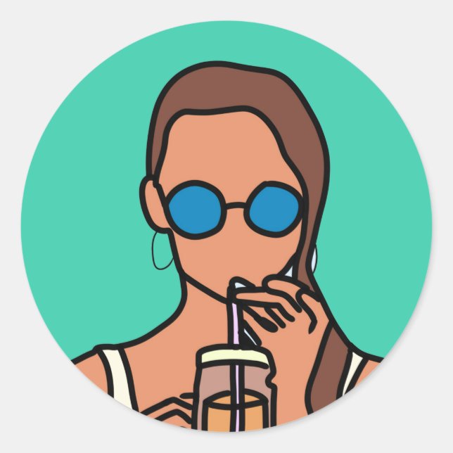 Girl drinking bubble tea modern teen classic round sticker (Front)