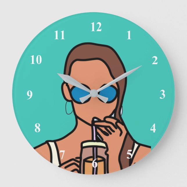 Girl drinking bubble tea modern teen large clock (Front)