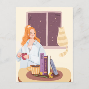 Girl Drinking Tea with cat in cozy room Postcard
