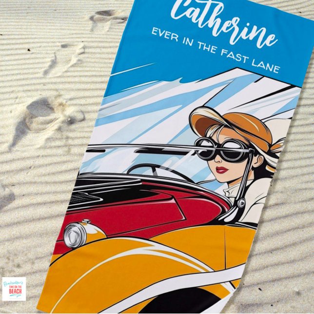 Girl Driving Fast Vintage Car Beach Towel (Creator Uploaded)