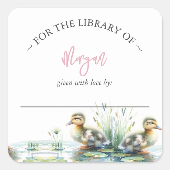 Girl Duck Baby Shower Bookplate Square Sticker (Front)