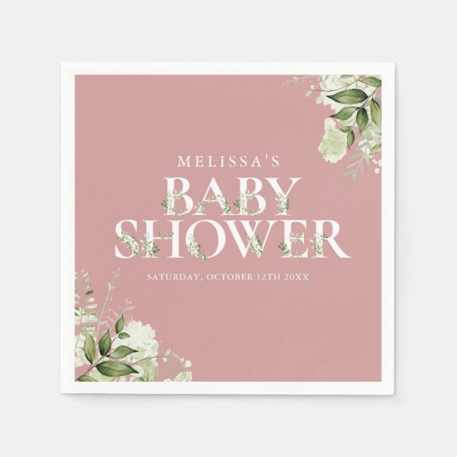Girl Dusty Rose Greenery Foliage Baby Shower Napkin (Front)