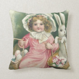 Girl Easter Basket Bunny Coloured Eggs Throw Pillow