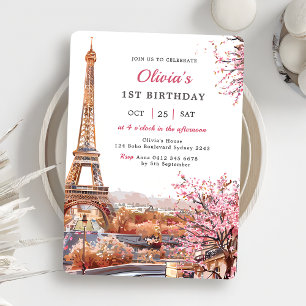 Girl Eiffel Tower Paris 1st Birthday  Invitation