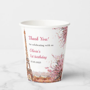 Girl Eiffel Tower Paris 1st Birthday Paper Cups