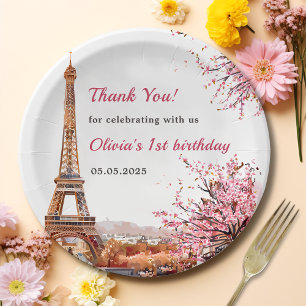 Girl Eiffel Tower Paris 1st Birthday Paper Plate