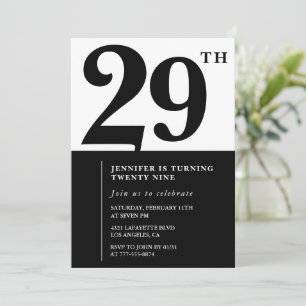 Girl Elegant 29th birthday invitation Black White 