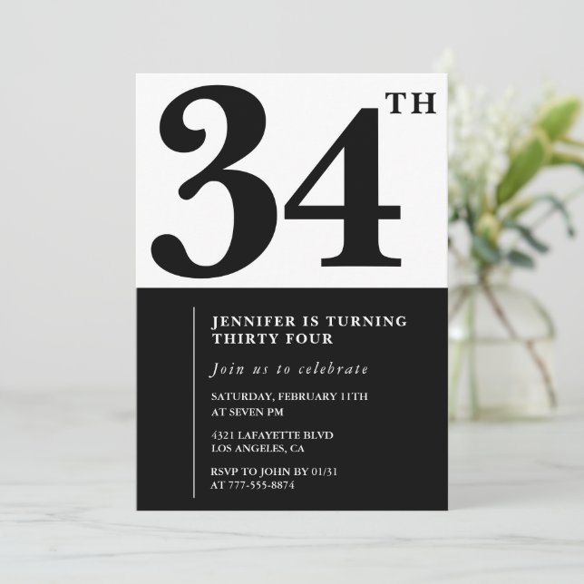 Girl Elegant 34th birthday invitation Black White  (Standing Front)