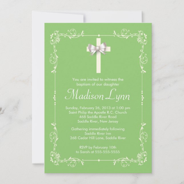 Girl Elegant Baptism | Christening Elegant Cross Invitation (Front)