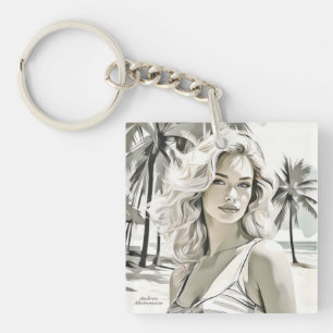 Girl Elegant in Black and White Keychain