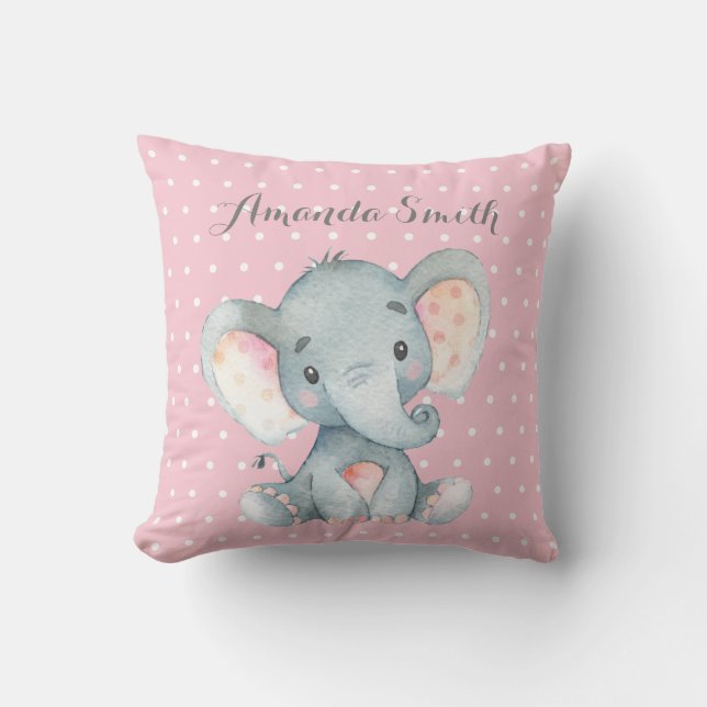 Girl Elephant Baby Pink and Gray Throw Pillow (Front)