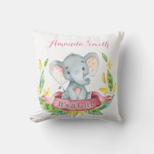 Girl Elephant Baby Pink Throw Pillow