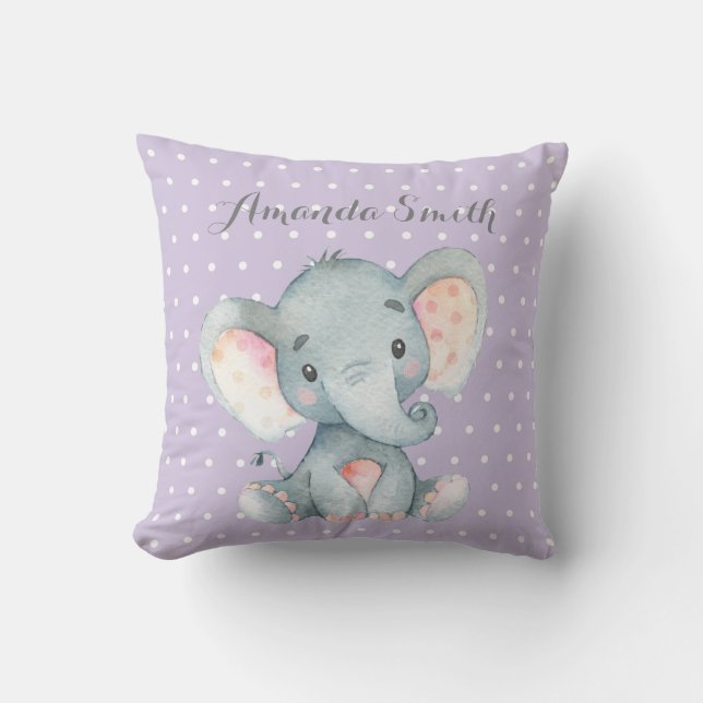 Girl Elephant Baby Purple and Grey Throw Pillow (Front)