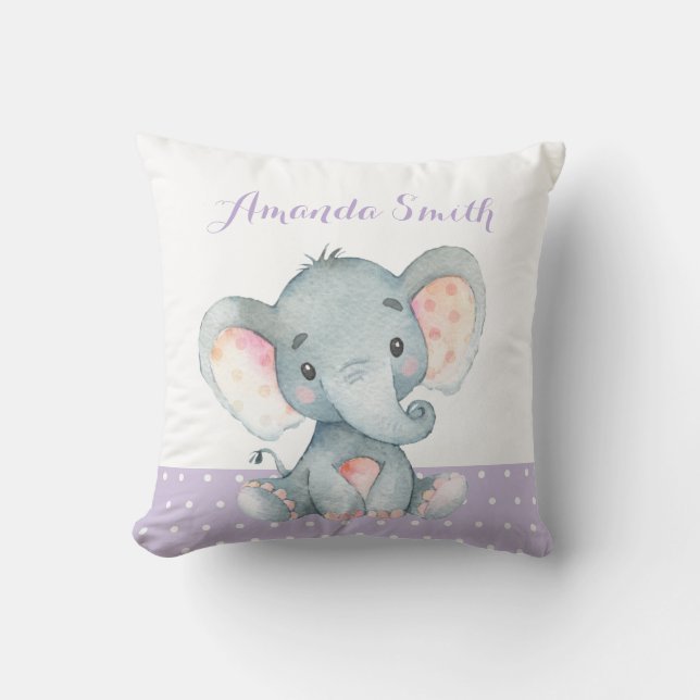 Girl Elephant Baby Purple Throw Pillow (Front)