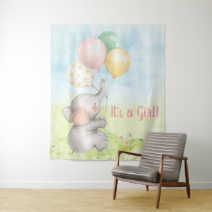 Girl Elephant Baby Shower Backdrop Tapestry