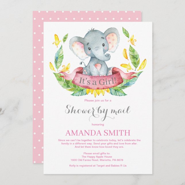 Girl Elephant Baby Shower by Mail Invitation (Front/Back)