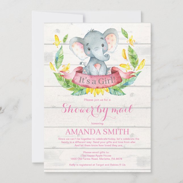 Girl Elephant Baby Shower by Mail Invitation (Front)