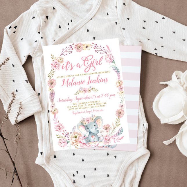 Girl Elephant Baby Shower Floral Invitation (Creator Uploaded)