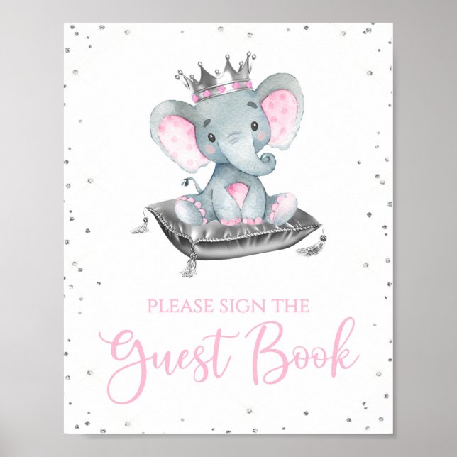 Girl Elephant Baby Shower Guest Book Table Sign (Front)